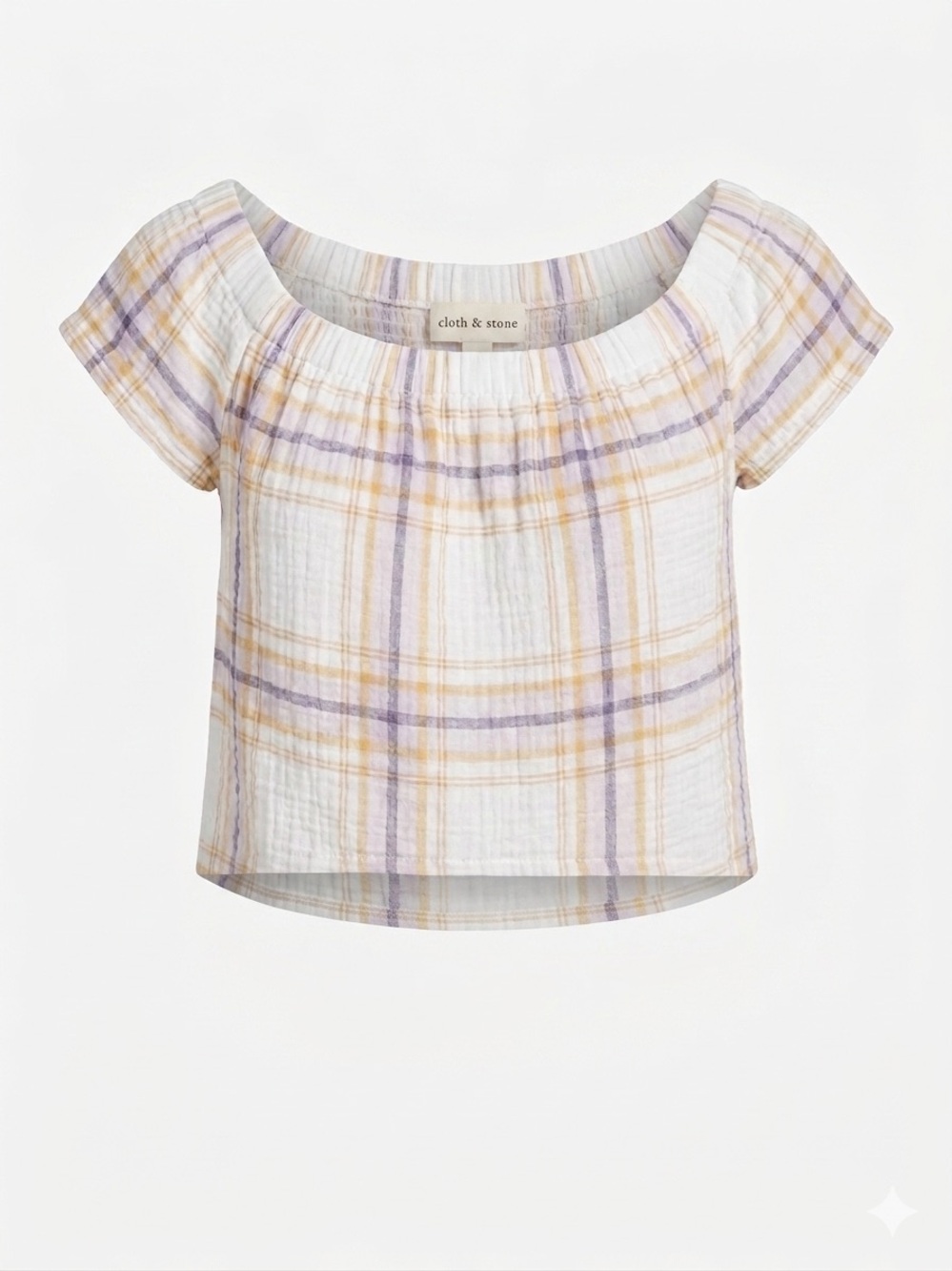 Cloth & Stone Plaid Off The Shoulder Crop Top XS Pastel Textured Gauze Blouse - Picture 1 of 8